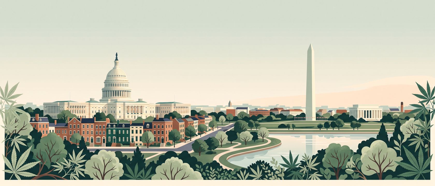 Illustrative artwork of the Washington, D.C. skyline at dawn